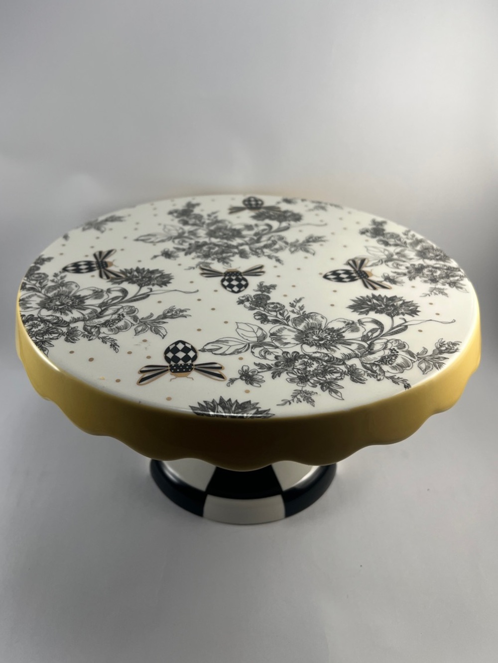 MacKenzie-Childs Yellow & Black Floral Check Cake Stand